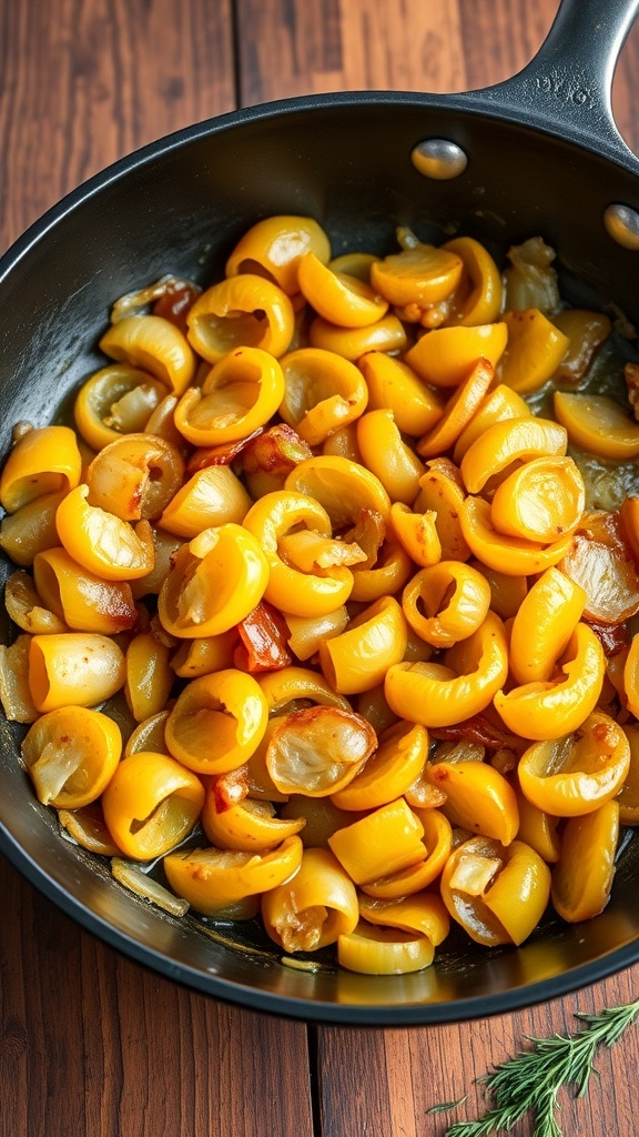 Savory Yellow Onion Recipe A skillet with caramelized yellow onions, golden brown and glossy, on a rustic wooden table.